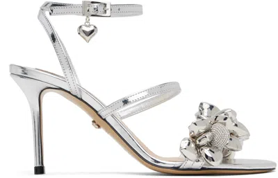 MACH&MACH SILVER PUFFY HEART MIRROR LEATHER HEELED SANDALS