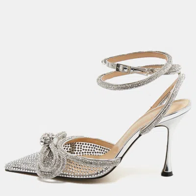 Pre-owned Mach&mach Silver Pvc Crystal Embellished Double Bow Pumps Size 39