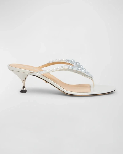 Mach & Mach Sirene Pearly Leather Thong Sandals In Pearl White