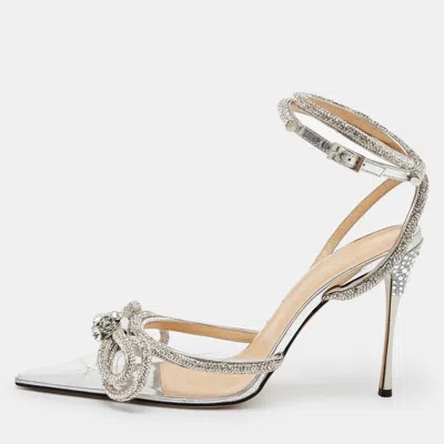 Pre-owned Mach&mach Transparent/silver Pvc Crystal Embellished Double Bow Ankle Wrap Pumps Size 40.5