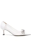 MACH & MACH WHITE DOUBLE BOW 65 CRYSTAL LACE PUMPS