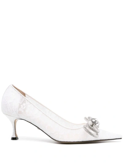 Mach & Mach White Double Bow 65 Crystal Lace Pumps