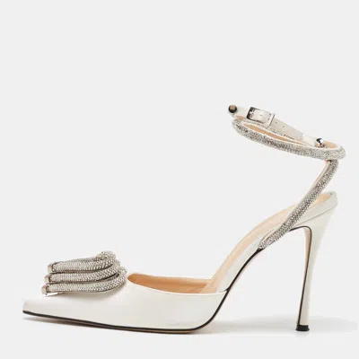 Pre-owned Mach&mach White Satin Crystal Embellished Triple Heart Ankle Wrap Pumps Size 39