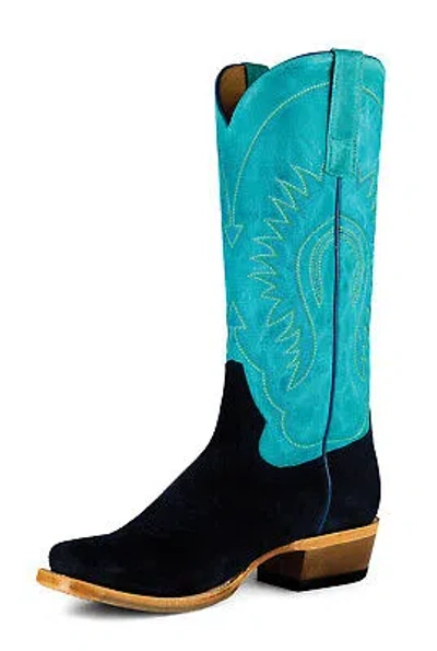 Pre-owned Macie Bean Womens Looney Moon Marine Blue Suede Cowboy Boots