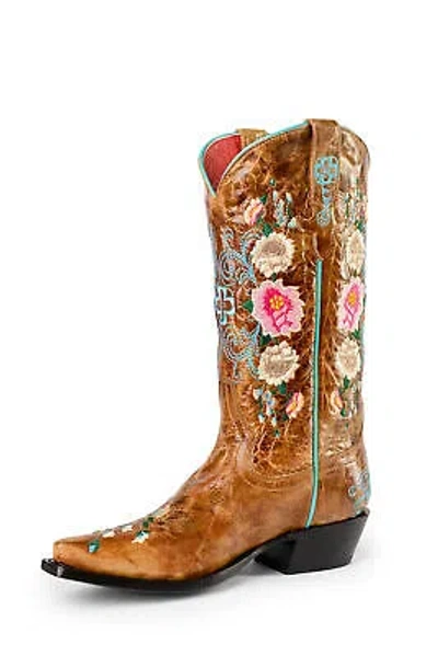 Pre-owned Macie Bean Womens Rose Garden Honey Bunch Leather Cowboy Boots In Yellow