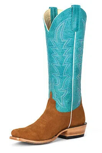Pre-owned Macie Bean Womens Top Hand Camel Suede Cowboy Boots In Turquoise