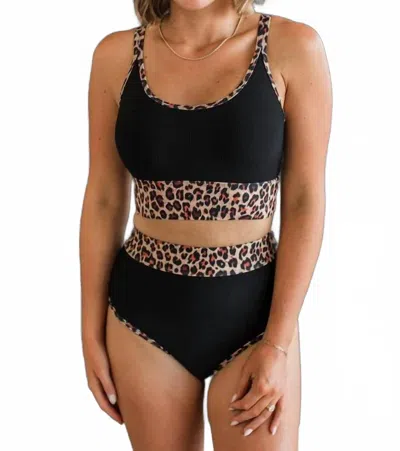 Mack & Mal Ribbed Two-piece Swimsuit Set In Black & Leopard