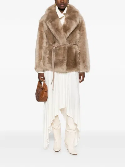 Mackage Ali Belted Shearling Coat In Brown