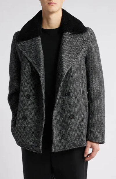 Mackage Cole Genuine Shearling Collar Wool Blend Peacoat In Black-white