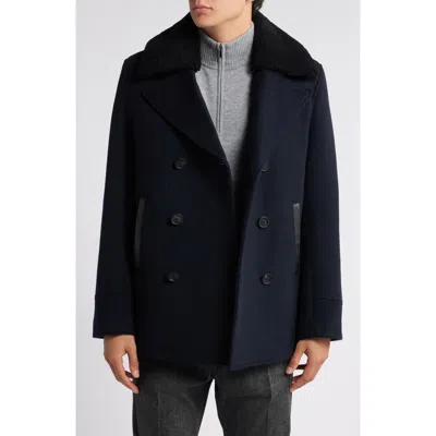 Mackage Cole Wool Peacoat With Genuine Shearling Collar In Navy