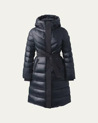 Mackage Coralia Lustrous Light Down Coat With Sash Belt In Carbon