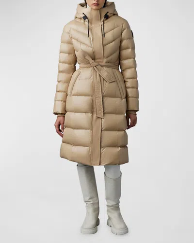 Mackage Coralia Lustrous Light Down Coat With Sash Belt In Brown