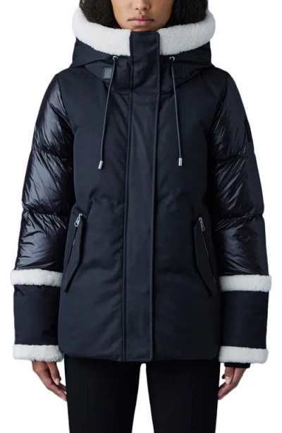 Mackage Cyrah Water Repellent 800 Fill Power Down Puffer Jacket With Genuine Shearling Trim In Black-cream