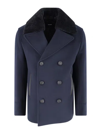 Mackage Double-breasted Wool Peacoat With Shearling Collar In Blue