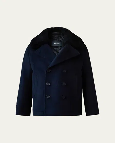 Mackage Kid's Camden Peacot W/ Removable Sheep Shearling Collar In Navy