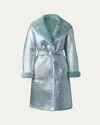 Mackage Kimberly Metallic Leather Trench Coat With Shearling Collar In Silver-mint