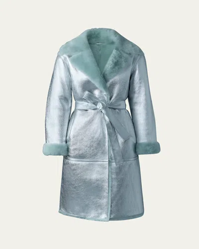 Mackage Kimberly Metallic Leather Trench Coat With Shearling Collar In Silver-mint