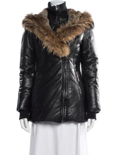 Pre-owned Mackage Lamb Leather Colorblock Pattern Down Jacket In Black