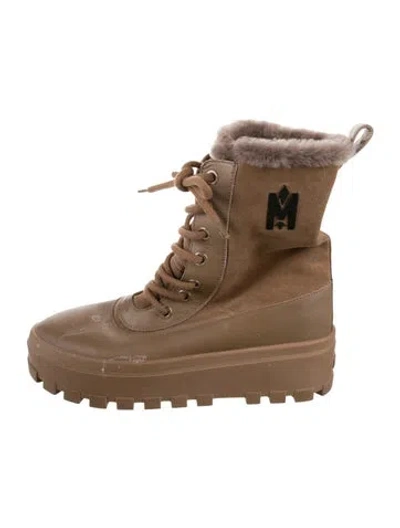 Pre-owned Mackage Leather Faux Fur Trim Combat Boots In Brown