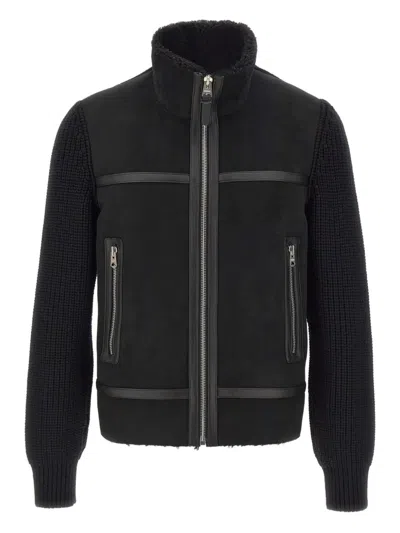 Mackage Leather-trimmed Knitted-sleeve Jacket In Black