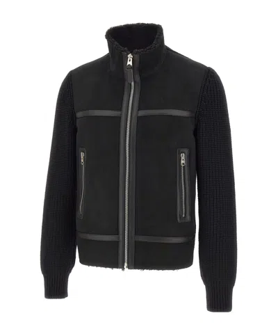 Mackage Leather-trimmed Knitted-sleeve Jacket In Black