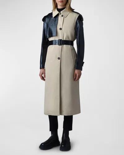 MACKAGE LEIKO WATER-REPELLANT TWO-TONED TWILL AND LEATHER TRENCH COAT