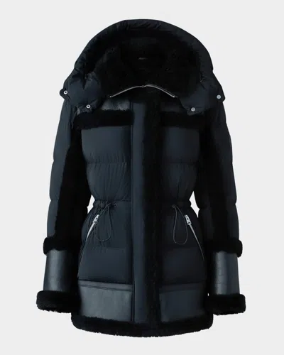 Mackage Lilibeth Mixed-media Down Parka With Shearling And Leather In Blue