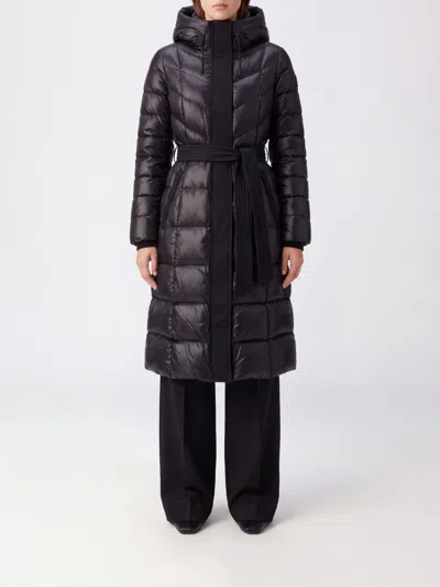 Mackage Long Quilted Recycled Nylon Down Coat With Hood And Belt In Black