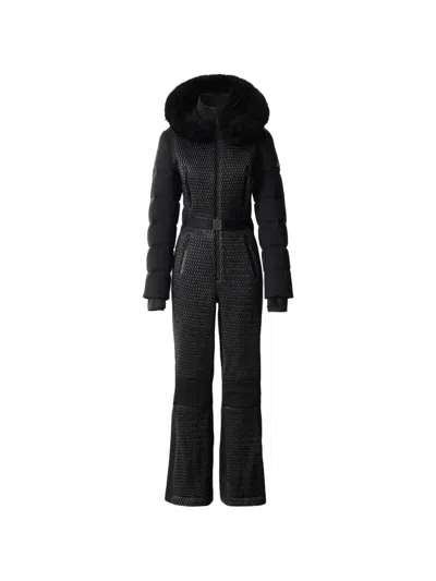 Mackage Lorelle Belted Hooded Plush-trimmed Quilted Padded Down Ski Suit In Black