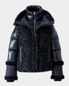 Mackage Lydana Leopard Pattern Down Jacket With Genuine Shearling Trim And Removable Bib In Black