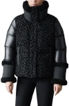 Mackage Lydana Leopard Pattern Down Jacket With Genuine Shearling Trim And Removable Bib In Black