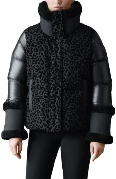 MACKAGE MACKAGE LYDANA LEOPARD PATTERN DOWN JACKET WITH GENUINE SHEARLING TRIM AND REMOVABLE BIB