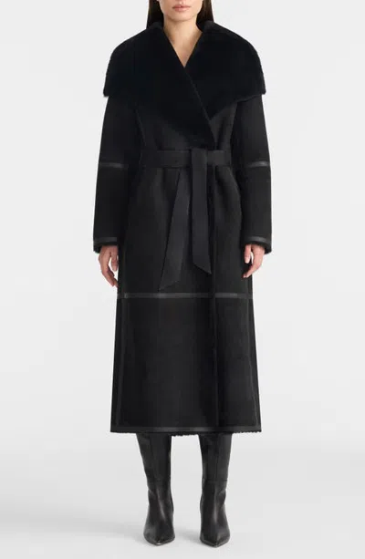Mackage Marian Reversible Genuine Shearling Wrap Coat In Black