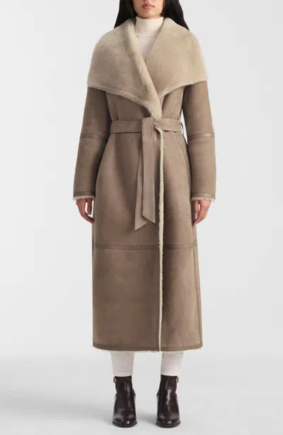 Mackage Marian Reversible Genuine Shearling Wrap Coat In Brown