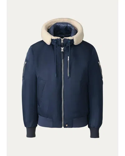 Mackage Men's August Bomber Jacket With Shearling-trimmed Hood In Blue