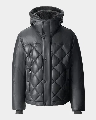 Mackage Men's Cash Down Quilted Leather Jacket With Shearling Hood In Black