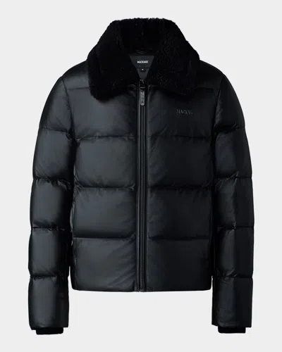 Mackage Men's Kyrie Leather Down Jacket With Shearling Collar In Black