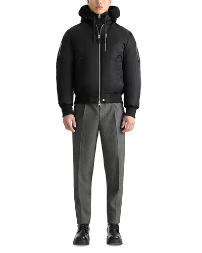 Mackage Shearling Trim Hooded Down Bomber Jacket In Black