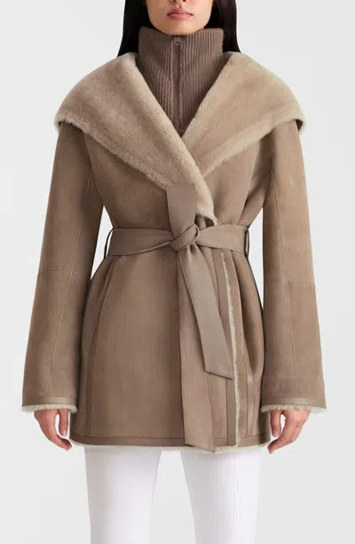 Mackage Valencia Reversible Genuine Shearling Wrap Coat In Brown