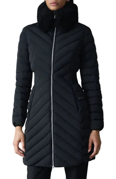 Mackage Water Repellent Chevron Quilted Down Coat With Removable Genuine Shearling Collar In Black