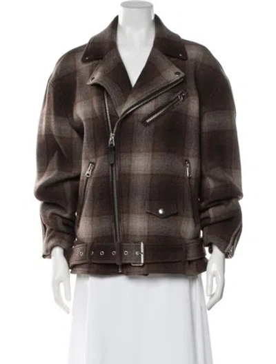Pre-owned Mackage Wool Plaid Print Biker Jacket In Brown
