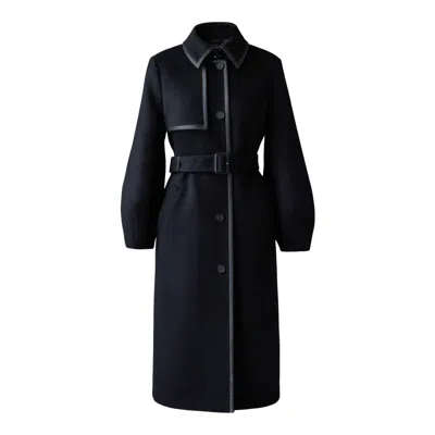 Mackage Zeva Leather-trim Wool Trench Coat In Black