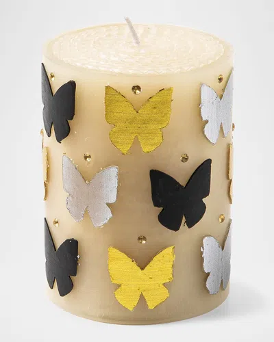Mackenzie-childs Butterfly Silver/gold 4" Pillar Candle In Yellow