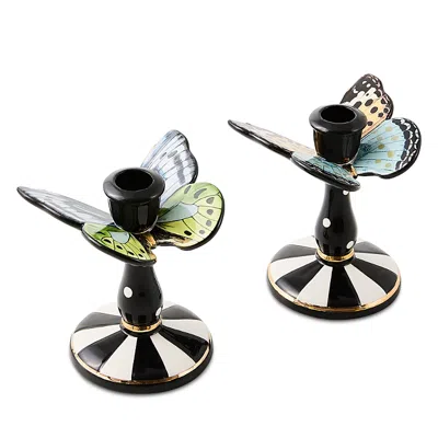 Mackenzie-childs Butterfly Toile Tall Butterfly Candlesticks, Set Of 2 In Black