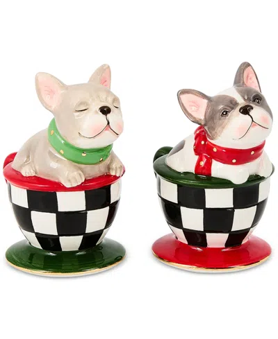 Mackenzie-childs Check It Out French Bulldog Salt & Pepper Set In Multi