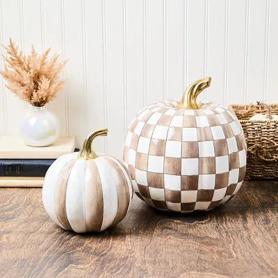 Mackenzie-childs Classic Mocha Stripe Small & Check Medium Pumpkin Set In Brown