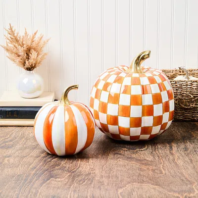 Mackenzie-childs Classic Orange Stripe Small & Check Medium Pumpkin Set
