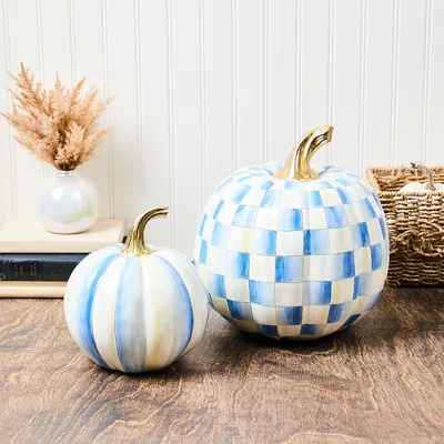 Mackenzie-childs Classic Royal Stripe Small & Check Medium Pumpkin Set In Blue