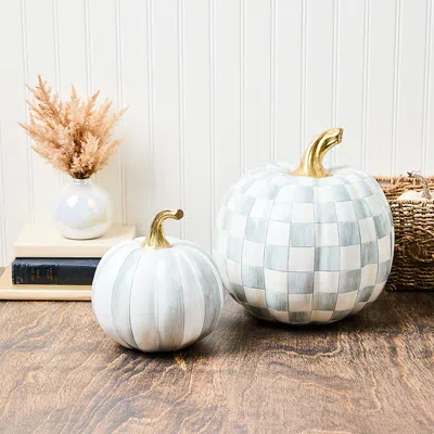 Mackenzie-childs Classic Sterling Stripe Small & Check Medium Pumpkin Set In Blue