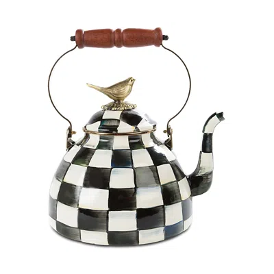 Mackenzie-childs Courtly Check Enamel 3 Qt. Tea Kettle With Bird In Black/white